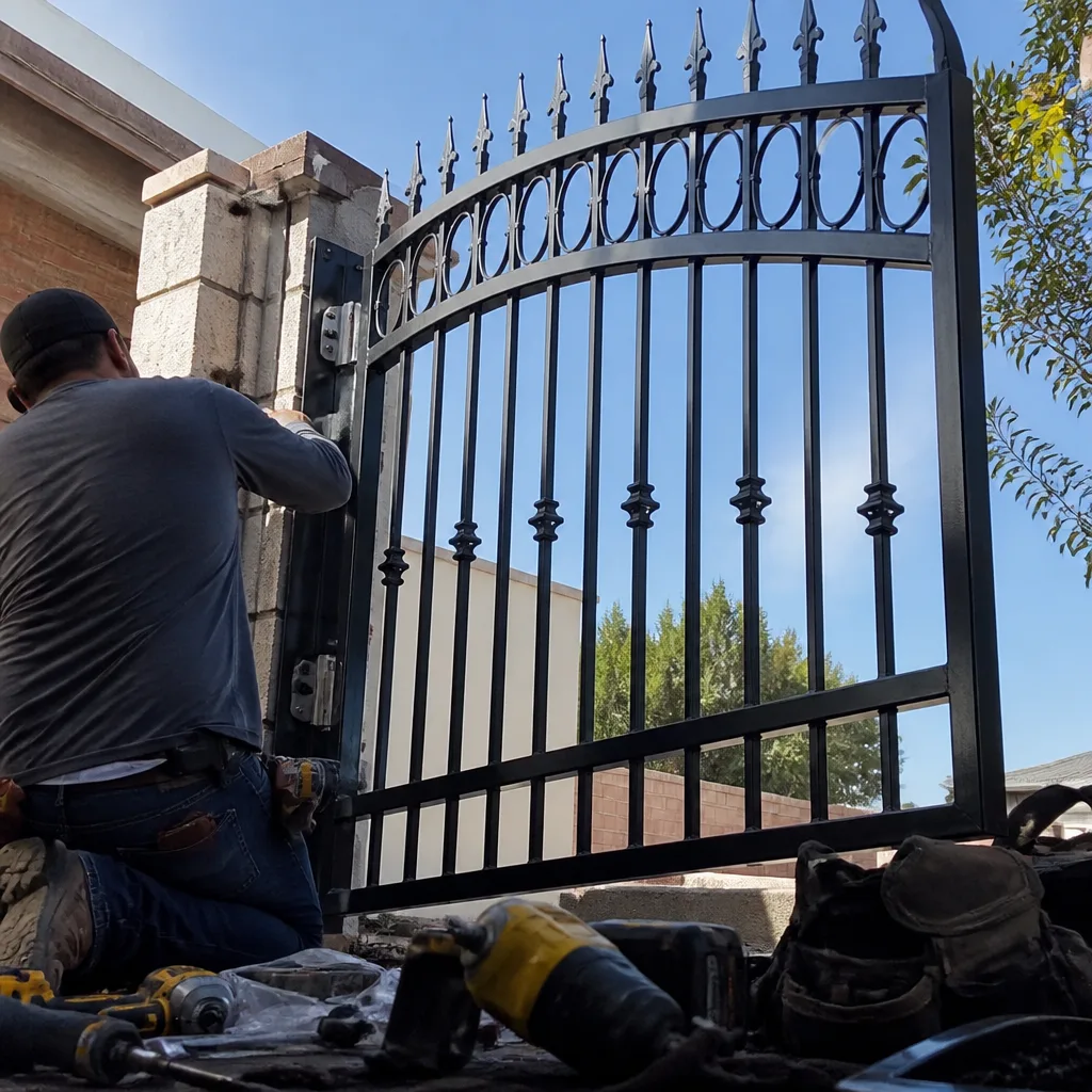 Professional gate installation technician working on a black metal security gate