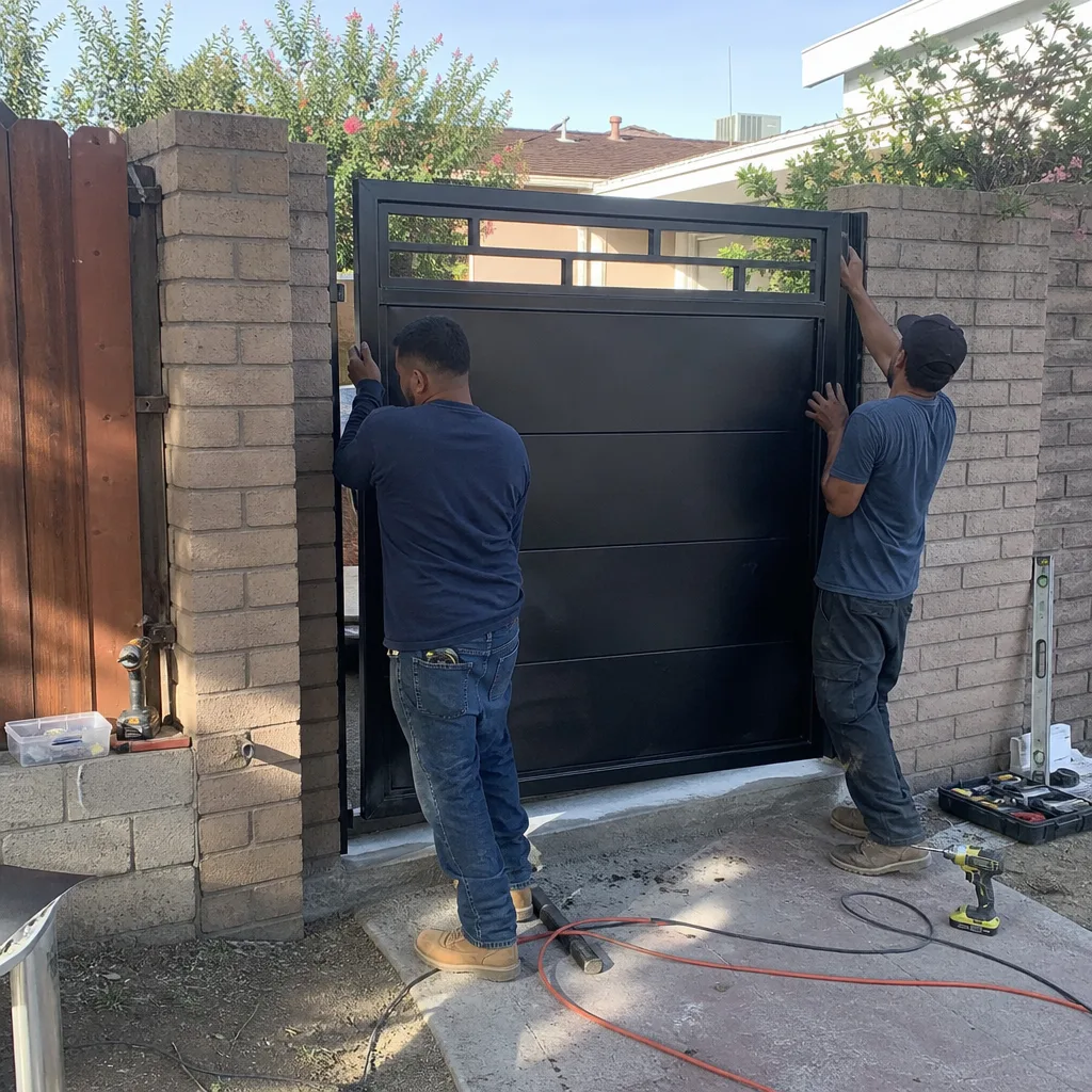 Two technicians installing a custom metal gate into a brick wall