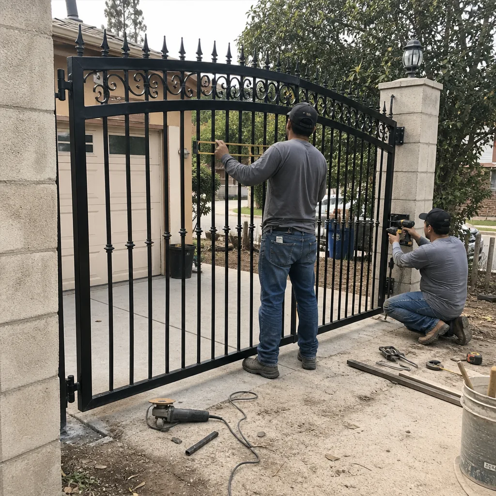 Two men installing a black wrought iron gate on residential property