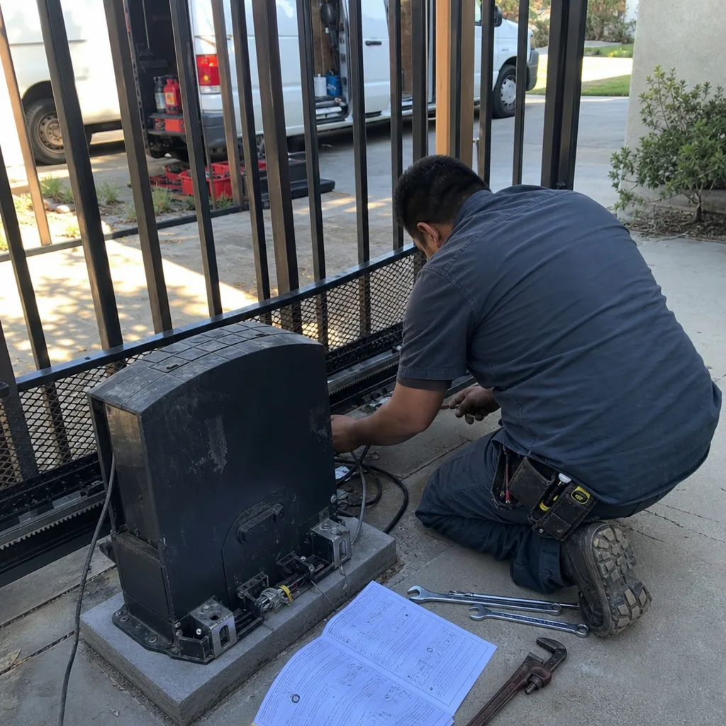 Technician performing professional sliding gate motor and opener repair service
