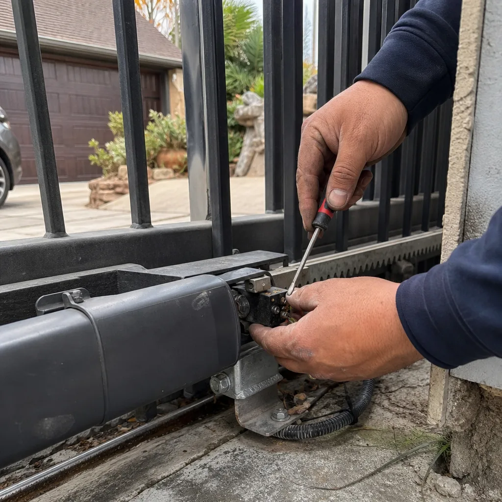 Technician performing automatic sliding gate motor and opener repair