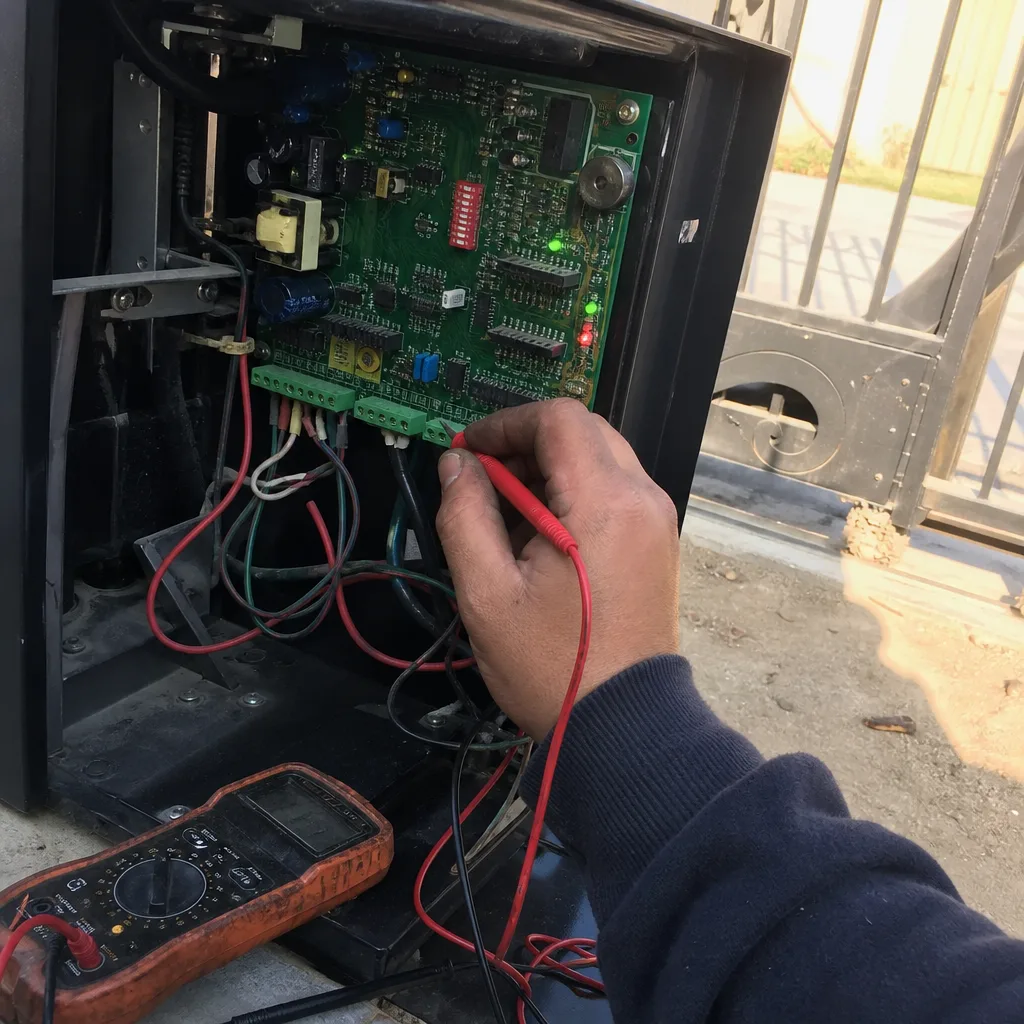 Technician using multimeter to diagnose and repair automatic gate motor control board