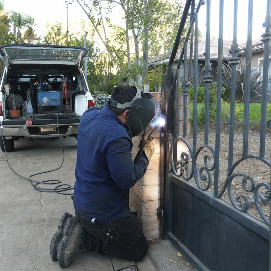 Professional welder performing metal gate repair and hinge installation