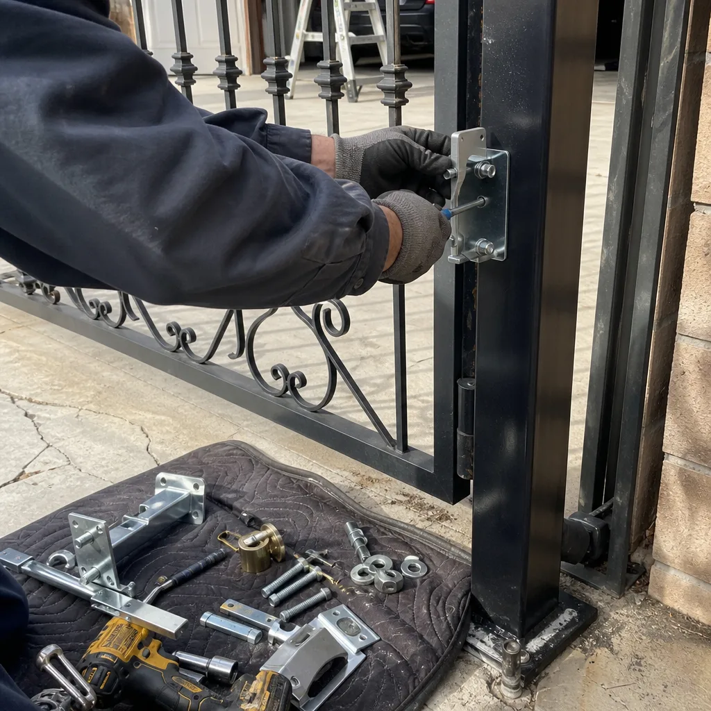 Technician performing professional gate repair and hardware installation