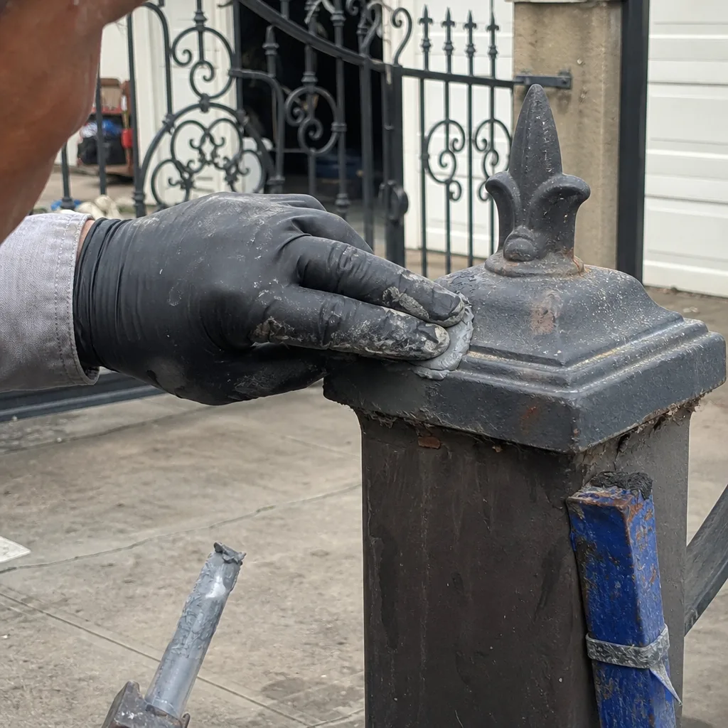 Professional applying epoxy to a metal gate post during repair service