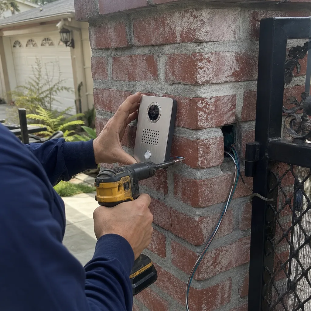 Technician installing a video intercom system on a brick gate pillar in Canoga Park, CA