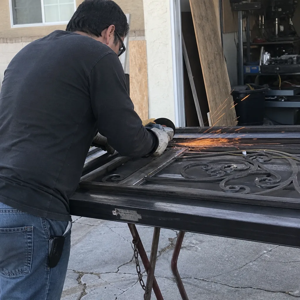 Metalworker using an angle grinder to weld and repair a metal gate in Canoga Park, CA